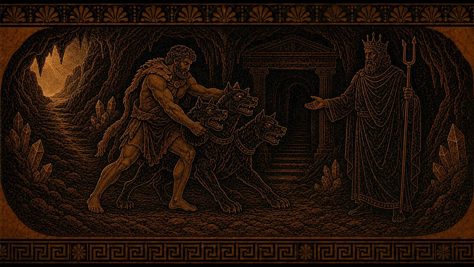 Ancient Greek black-figure style scene of weaponless Heracles mastering three-headed Cerberus under Dīs Pater's permission at the underworld gate
