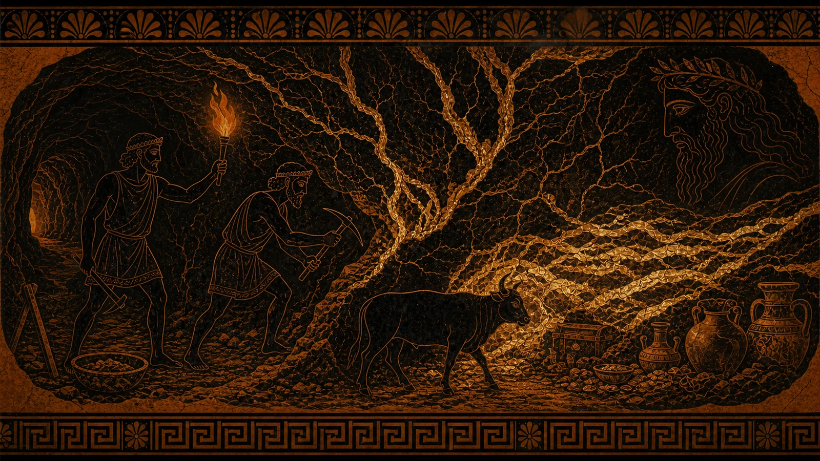 Ancient Greek vase-style scene of miners discovering mineral veins beneath the city while Dīs Pater and the black bull watch over the hidden treasury