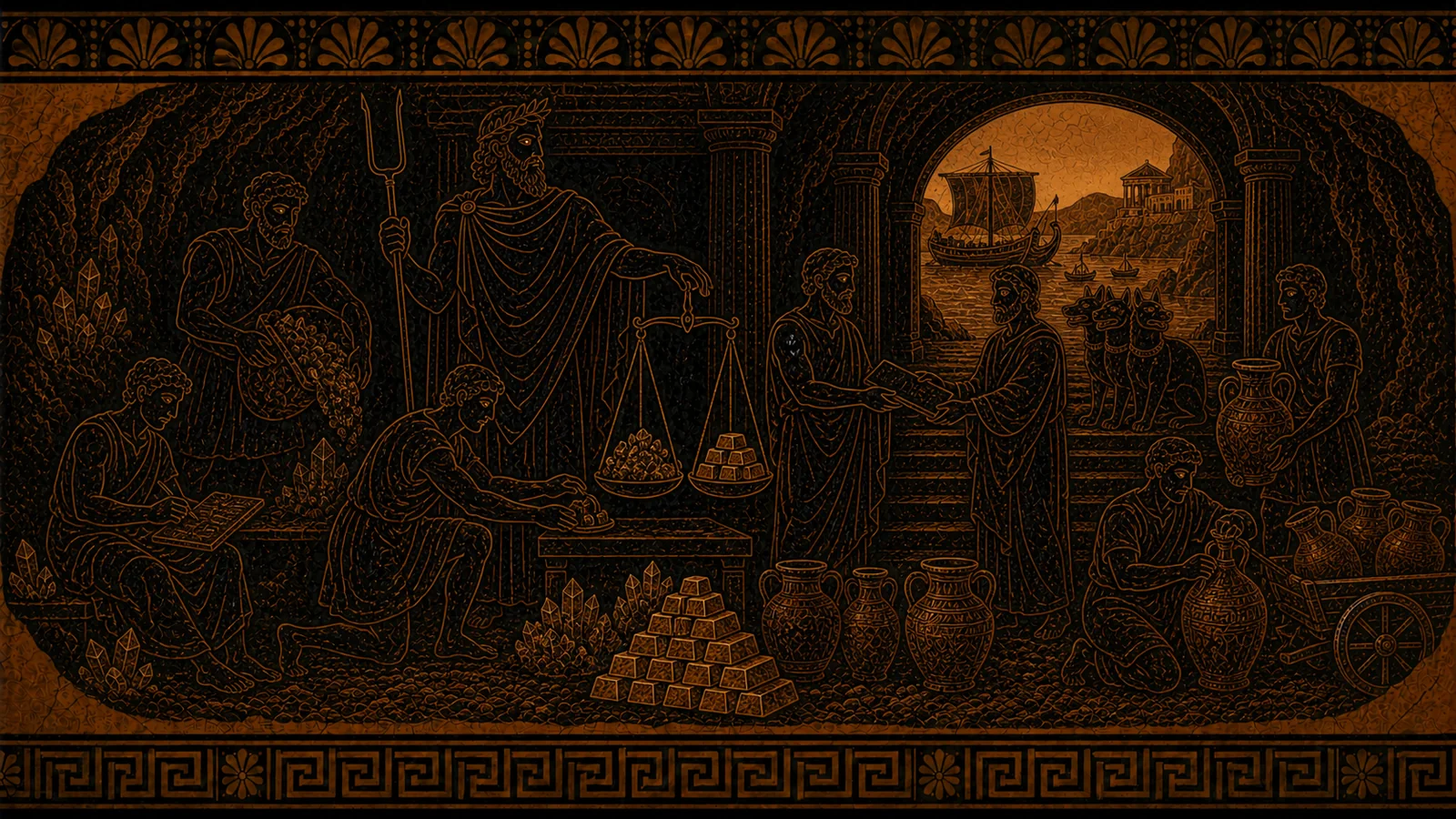 Ancient Greek vase-style scene of Dīs Pater presiding over scales, ingots, merchants, and a guarded harbor